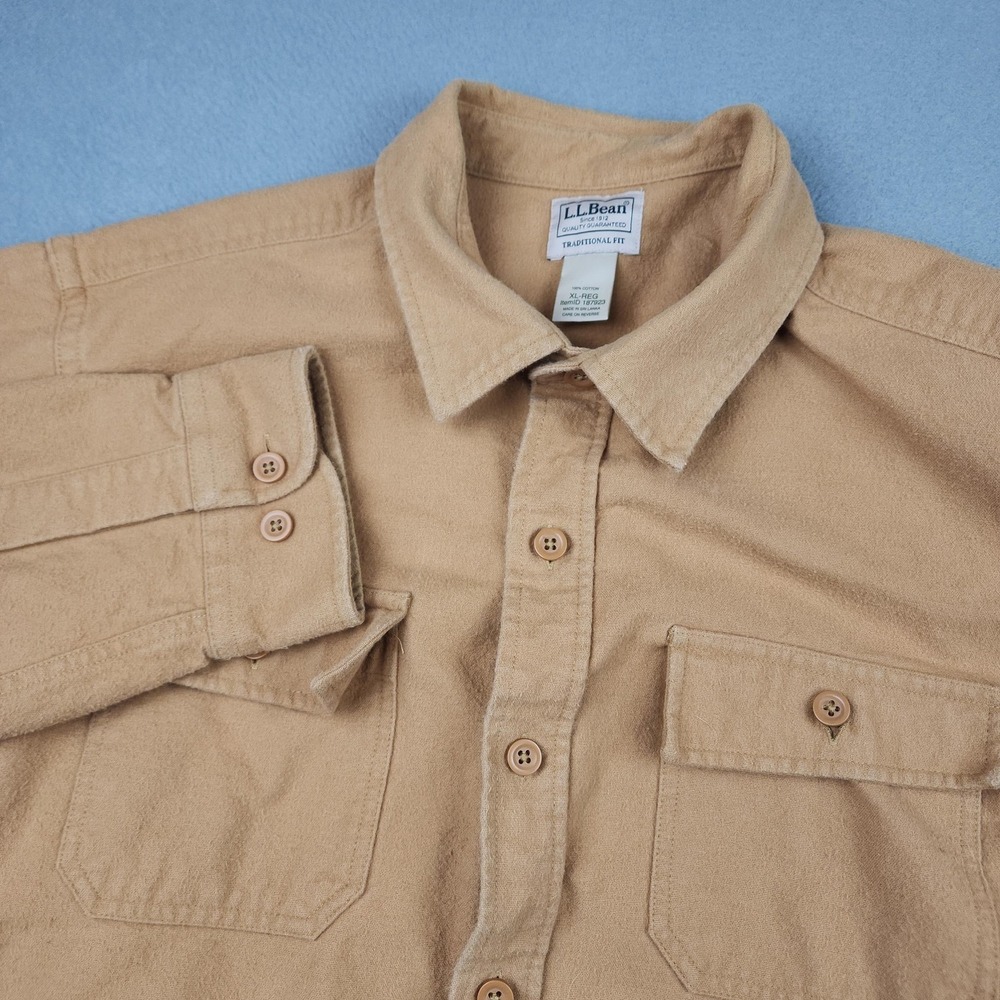 L.L. Bean Chamois Shirt Men XL Beige Solid Long Sleeve Flannel Button Up Casual